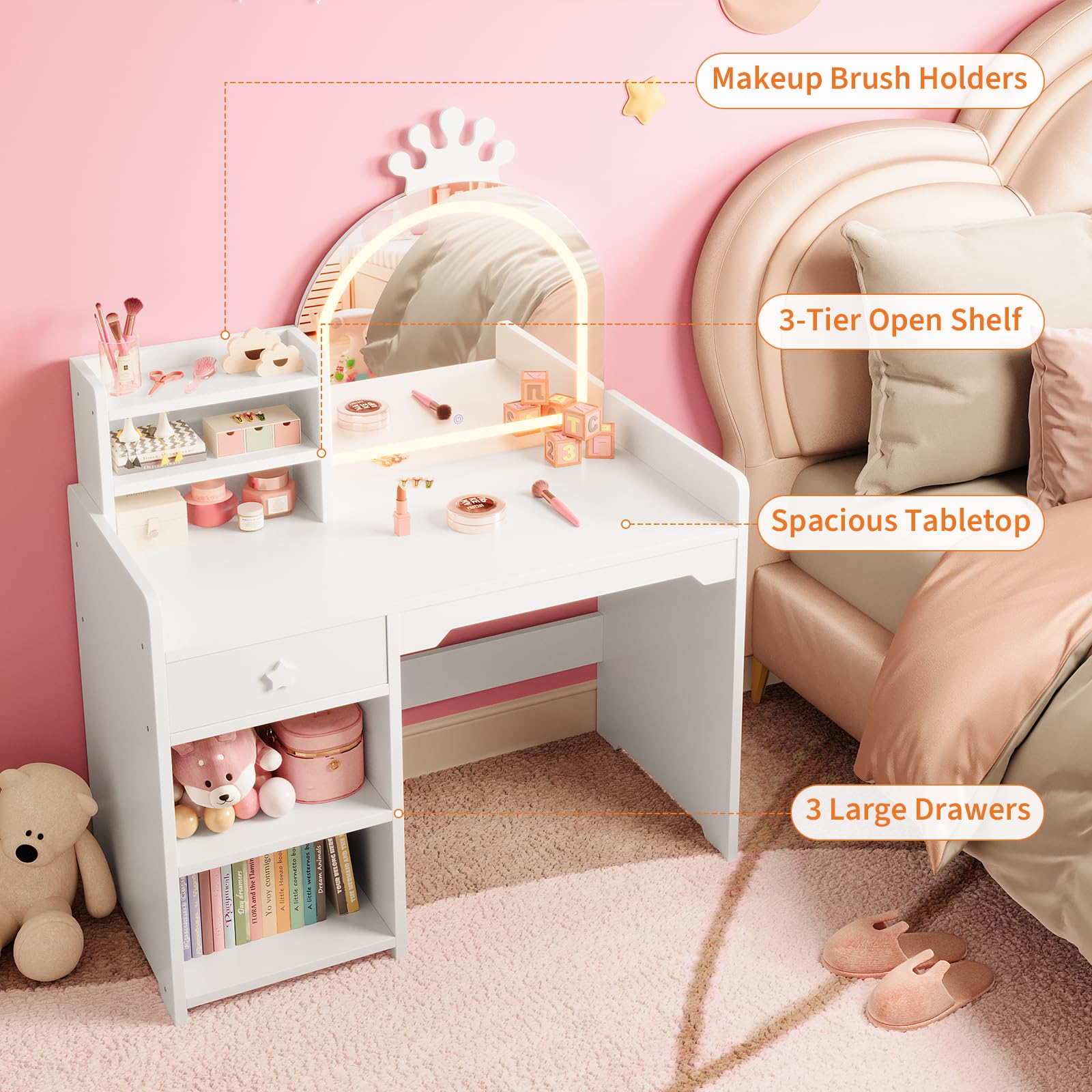 Kids Vanity Table & Chair Set  - Dressing Table Vanity With Lighted Mirror review and price