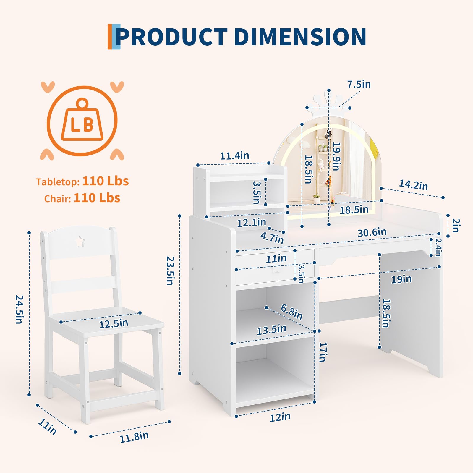 Kids Vanity Table & Chair Set  - Dressing Table Vanity With Lighted Mirror review and price