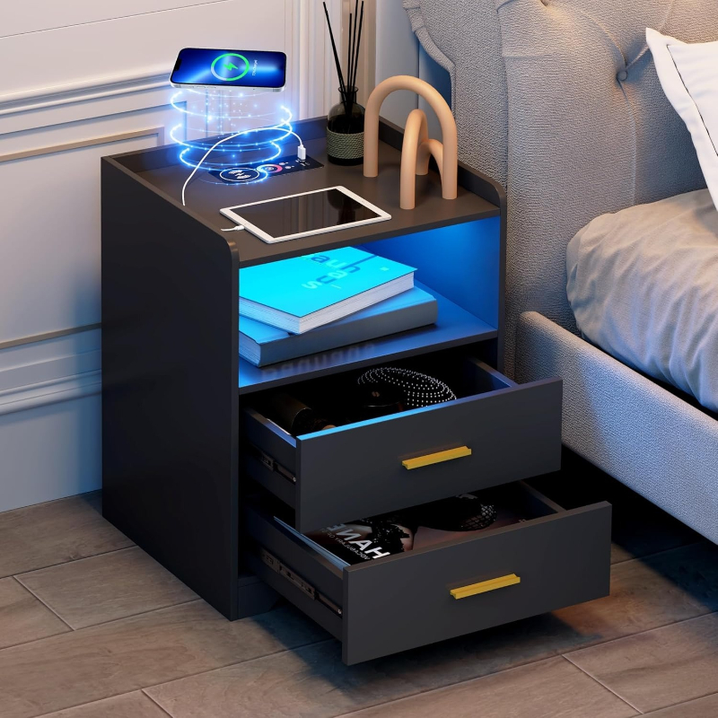 Black LED Nightstand with Char - Solid Wood Nightstand 2 Drawers review and price