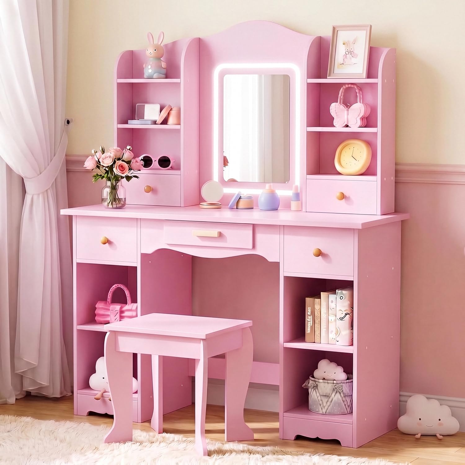 Kids Vanity with 3-Color Light - Dressing Table Vanity With Lighted Mirror review and price
